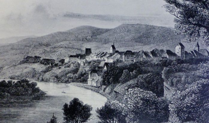 Blick auf die Stadt Waldshut und den Rhein um 1850